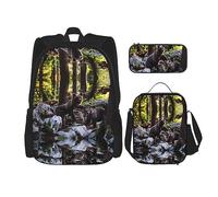 vacsAX Zaino impermeabile leggero in pelle bovina marrone (set da 3 pezzi) con borsa per il pranzo, astuccio per ufficio e scuola, Rge e piccoli orsi neri, Taglia unica