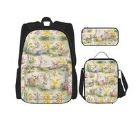 vacsAX Zaino vintage con note musicali, impermeabile, leggero, set da 3 pezzi, con borsa per il pranzo, astuccio per ufficio e scuola, Coniglietto di Pasqua con fiori vintage, Taglia unica