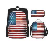 vacsAX Zaino vintage con note musicali, impermeabile, leggero, set da 3 pezzi, con borsa per il pranzo, astuccio per ufficio e scuola, Bandiera americana vintage, Taglia unica, moderno