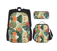 vacsAX Zaino vintage con note musicali, impermeabile, leggero, set da 3 pezzi, con borsa per il pranzo, astuccio per ufficio e scuola, Foglie di vegetazione con fiori di ibisco, Taglia unica