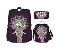 vacsAX Zaino vintage con note musicali, impermeabile, leggero, set da 3 pezzi, con borsa per il pranzo, astuccio per ufficio e scuola, Elegante Boho Mappa Elefante, Taglia unica