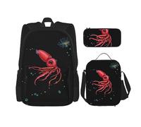 vacsAX Zaino vintage con note musicali, impermeabile, leggero, set da 3 pezzi, con borsa per il pranzo, astuccio per ufficio e scuola, Calamari alla fragola, Taglia unica