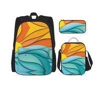 vacsAX Zaino vintage con note musicali, impermeabile, leggero, set da 3 pezzi, con borsa per il pranzo, astuccio per ufficio e scuola, Tramonto e Alba Con Oceano Onde Mare, Taglia unica