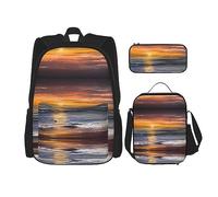vacsAX Zaino vintage con note musicali, impermeabile, leggero, set da 3 pezzi, con borsa per il pranzo, astuccio per ufficio e scuola, Spiaggia al tramonto, Taglia unica