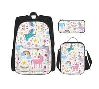 vacsAX Zaino vintage con note musicali, impermeabile, leggero, set da 3 pezzi, con borsa per il pranzo, astuccio per ufficio e scuola, Unicorni rosa., Taglia unica