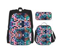 vacsAX Zaino vintage con note musicali, impermeabile, leggero, set da 3 pezzi, con borsa per il pranzo, astuccio per ufficio e scuola, Fiori tropicali., Taglia unica