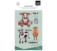Vaessen Creative Timbri in Silicone Mucche e Testi - 16 Timbri a Secco per Lavoro Preciso - per DIY, Biglietti Fatti a Mano, Buste e Scrapbooking - con Stamping Tool e Blocchi Acrilici