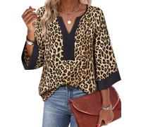 Vafoly Camicetta da donna elegante con scollo a V, stile bohémien, maniche a 3/4, motivo floreale, per primavera e estate, Nero leopardato, XXL