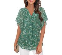 Vafoly Camicia da donna, elegante, a maniche corte, estiva, con scollo a V, in rete, con fiori, a doppio strato, Verde nebbia, M