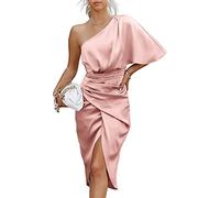Vagbalena Abito da Sera Elegante in Raso Monospalla a Manica Corta Abito da Sera Plissettato a Fascia Stretta Abito da Cocktail Midi a Manica Corta Senza Cintura (Rosa,M)