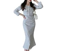 Vagbalena Completo da due pezzi con blazer corto in tweed e gonna lunga a pieghe, modello primaverile da donna, classico ed elegante, abbigliamento da lavoro che definisce la vita