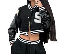 Vagbalena Giacca Bomber Corta da Donna Giacca College Cappotto da Baseball Giacca Casual Giacca da Baseball Vintage Streetwear Y2k Streetwear Giacca College (Nero,S)