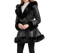 Vagbalena Parka da Donna con Collo in Pelliccia a Maniche Lunghe soffice e soffice Trapuntato con Cappuccio Lungo e Caldo con Cintura Cappotto con Volant Chiusura in Vita con Cappuccio (Nero,XL)