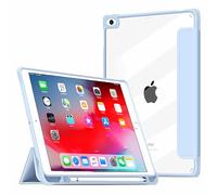 VAGHVEO Custodia per iPad 9,7 Pollici 6a/5a Generazione 2018 2017 con Portapenne, iPad Air 2 2014, iPad Air 1 2013 Chiaro Case, Trifold Stand Case in Pelle PU con Retro Trasparente Cover, Blu Chiaro