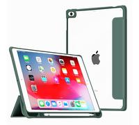 VAGHVEO Custodia per iPad 9,7 Pollici 6a/5a Generazione 2018 2017 con Portapenne, iPad Air 2 2014, iPad Air 1 2013 Chiaro Case, Trifold Stand Case in Pelle PU con Retro Trasparente Cover, Verde Scuro