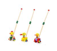 Vaguelly 2 carrelli in legno con design staccabile, anatra in stile cartone animato, pollo da spingere lungo per l'apprendimento della prima infanzia, colori vivaci per migliorare il riconoscimento