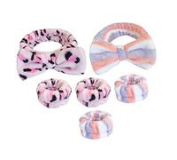 Vaguelly 2sets Fasce Per Capelli e Polsini Spa in Pile Assorbenti Con Design Fiocco Per Donne e Ragazze Fascia Trucco e Lavaggio Viso Morbida e Skin-friendly Colori Rosa Leopardato e Blu