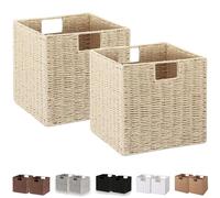 Vagusicc Cestini portaoggetti in vimini, set di 2 cestini cubici pieghevoli in corda di carta intrecciata a mano, 28 cm, quadrati, per scaffali e dispense, colore: beige