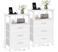 Vagusicc Set di 2 comodini con stazione di ricarica, comodino con porte USB e uscita, tavolino con 2 cassetti in tessuto e ripiano portaoggetti, comodino per camera da letto, bianco