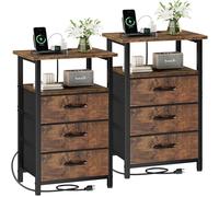 Vagusicc Set di 2 comodini con stazione di ricarica, comodino con porte USB e uscita, tavolino laterale con 3 cassetti in tessuto e ripiano portaoggetti, comodino per camera da letto, marrone rustico