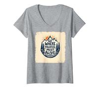 Vai Dove Ti senti più Vivo Avventura in Montagna Maglietta con Collo a V, Donna, Grigio Melange, L