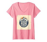 Vai Dove Ti senti più Vivo Avventura in Montagna Maglietta con Collo a V, Donna, Rosa, L