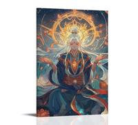 Vairocana si siede al centro universitario, il suo alone fiammeggiante che comprende galassie e geometria sacra. Poster decorativo da appendere in stile contemporaneo, 30 x 45 cm