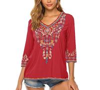Vakakado Abbigliamento Hippie da Donna Folklore Boemo Camicetta Ricamata Tunica Manica a 3/4 Scollo a V Top Estivo Casual（054,Rosso,XL）