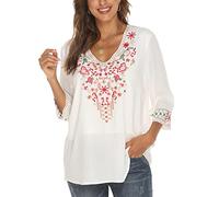 Vakakado Abbigliamento Hippie da Donna Folklore Boemo Camicetta Ricamata Tunica Manica a 3/4 Scollo a V Top Estivo Casual（354,Bianco,XL）