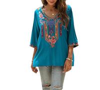 Vakakado Abbigliamento Hippie da Donna Folklore Boemo Camicetta Ricamata Tunica Manica a 3/4 Scollo a V Top Estivo Casual（328,Blu,XL）