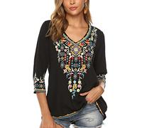 Vakakado Abbigliamento Hippie da Donna Folklore Boemo Camicetta Ricamata Tunica Manica a 3/4 Scollo a V Top Estivo Casual（054,Nero,3XL）