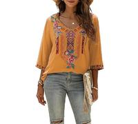 Vakakado Abbigliamento Hippie da Donna Folklore Boemo Camicetta Ricamata Tunica Manica a 3/4 Scollo a V Top Estivo Casual（328,Arancione,L）