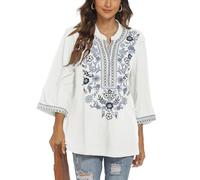Vakakado Messico, camicia ricamata bohémien con fiori folklore tunica top boho camicette maniche a 3/4 con scollo a V, 372-bianco, XL