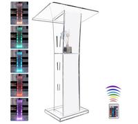 Vakiorn Podio acrilico, trasparente in acrilico con ripiano di memoria, pulpito della chiesa con luce a LED a 15 colori, stabilità per chiesa, conferenza, matrimonio, aula (23,6 "x 16 "x 45,2")