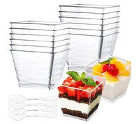 VakiReyy 50 Pezzi Bicchierini da Dessert, Tazze da Dessert in Plastica con Cucchiai Food Contenitori Riutilizzabili Quadrati Trasparenti per Mousse Budini Gelati Buffet Dessert Picnic, 60ML