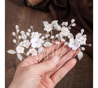 Vakkery - Accessorio per capelli da sposa con fiori e cristalli, con perle e strass, per donne e ragazze (argento)
