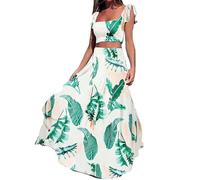 Vakkest Abito estivo da donna, sexy, 2 pezzi, con volant, floreale, con gonna lunga, stile boho, tropicale, abito da clubwear, Colore verde, XL