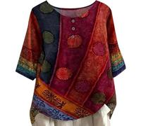 Valarie - Top colorato bohémien, scollo a V, stampa floreale, da donna, maniche a 3/4, stile bohémien, estivo, tunica, Rosso, S