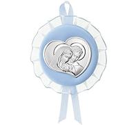 Valenti&Co - Medaglione Musicale Capoculla con Sacra Famiglia in Argento perfetto come idea regalo nascita, battesimo da appendere alla culla, al passeggino o in cameretta del neonato - Celeste
