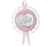 Valenti&Co - Medaglione Musicale Capoculla con Sacra Famiglia in Argento perfetto come idea regalo nascita o regalo - Rosa battesimo da appendere alla culla, al passeggino o in cameretta del neonato