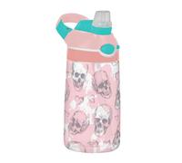 Valentine - Borraccia sportiva con teschio e cuore rosa, con cannuccia in silicone, bocca larga, a prova di perdite, riutilizzabile, per scuola e sport all'aria aperta, termos para agua fria para ni