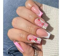 Valentine Nails Square Press Su Unghie Elegante Francese Falso Fiore Acrilico Falso Per Le Donne E Le Ragazze 24PCS Francese