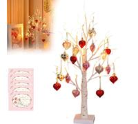 Valentines Day Decor Lighted Birch Tree with Heart Ornaments, Romantic Birch Twig Tree Decorations Lamp, Heart-Shaped Tree Lights with Red Accents for Wedding Party Birthday Home Decor (A)