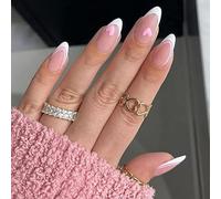 Valentine's Day False Nails Pink Heart Press on Nails Almond Stick on Nails French Short Fake Nails 24pcs for Women and Girls(Pink,24 Piece Assortment)