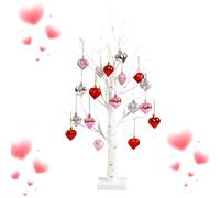 Valentines Tree - Romantic Glow Birch Decoration with Timer - 24 LED Lamp Light Tree with 18 Heart Ornaments - Home Indoor Tabletop Wedding Party Holidays Valentine's Day