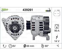 VALEO 439261 Alternatore Amperaggio: 90 Amp Alette: 6 alette Diametro puleggia: 66 mm Voltaggio: 14 V Direzione di rotazione: CLOCKWISE