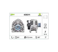 VALEO 439311 Alternatore Amperaggio: 90 Amp Alette: 6 alette Diametro puleggia: 57,2 mm Voltaggio: 14 V Direzione di rotazione: CLOCKWISE