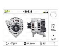 VALEO 439338 Alternatore Amperaggio: 90 Amp Alette: 5 alette Diametro puleggia: 57,2 mm Voltaggio: 14 V Direzione di rotazione: CLOCKWISE