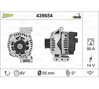 VALEO 439654 Alternatore Amperaggio: 90 Amp Alette: 6 alette Diametro puleggia: 55 mm Voltaggio: 14 V Direzione di rotazione: CLOCKWISE