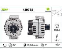 VALEO 439738 Alternatore Amperaggio: 180 Amp Alette: 6 alette Diametro puleggia: 51 mm Voltaggio: 14 V Direzione di rotazione: CLOCKWISE